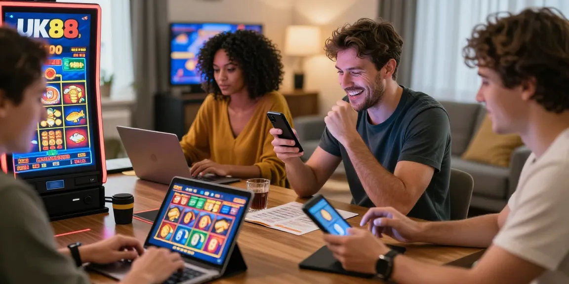 Engaged players on the UK88 platform celebrating wins in an inviting home gaming atmosphere.