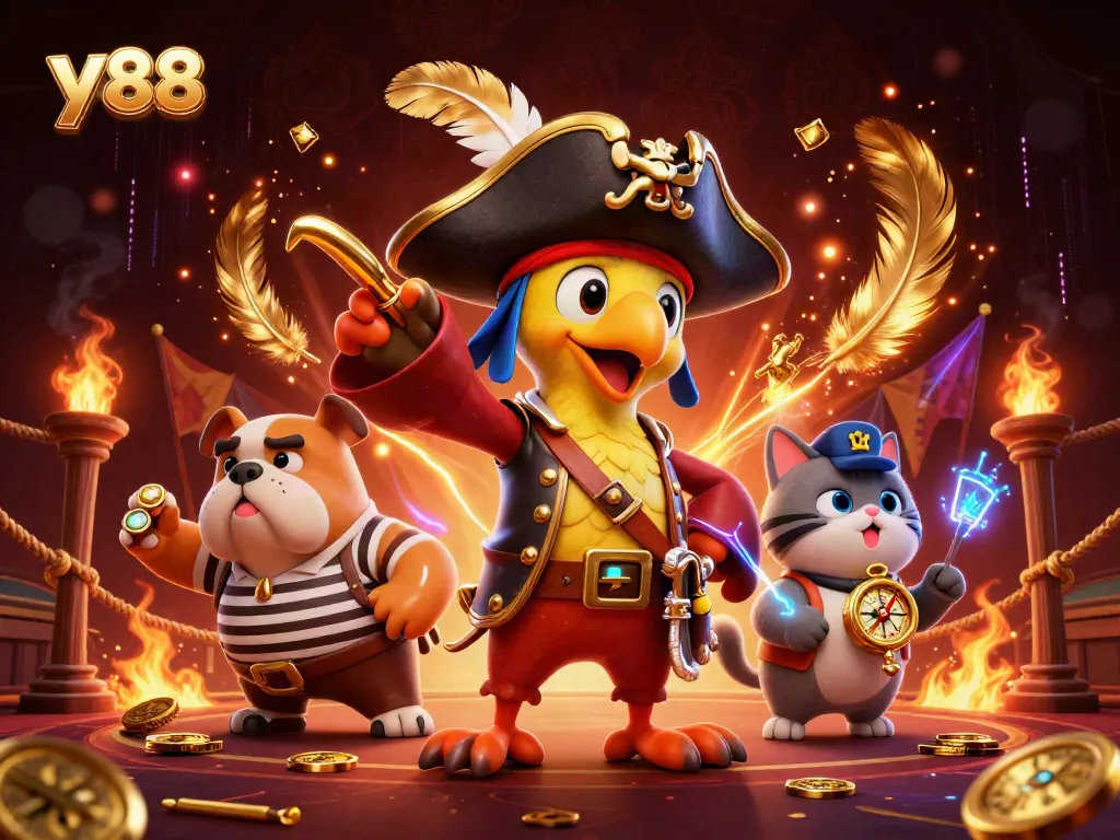 Engage in thrilling casino battles with yo 88 featuring a pirate captain and his companions in action.