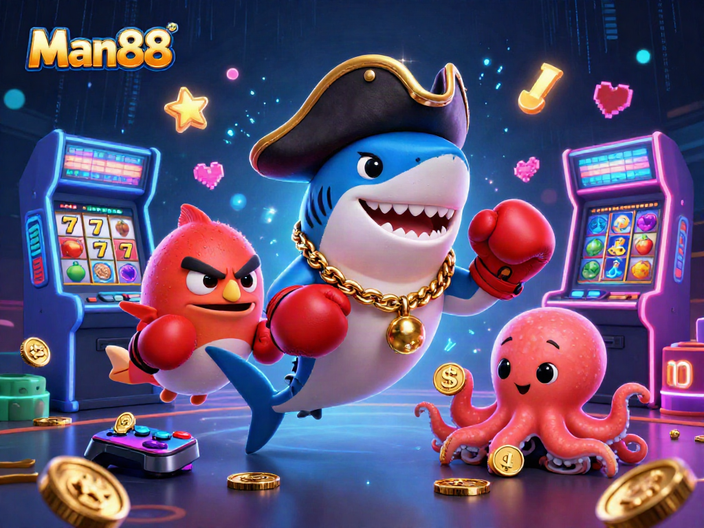 Experience thrilling gambling fun at Man88 with a pirate, pufferfish, and octopus amid colorful slot reels.