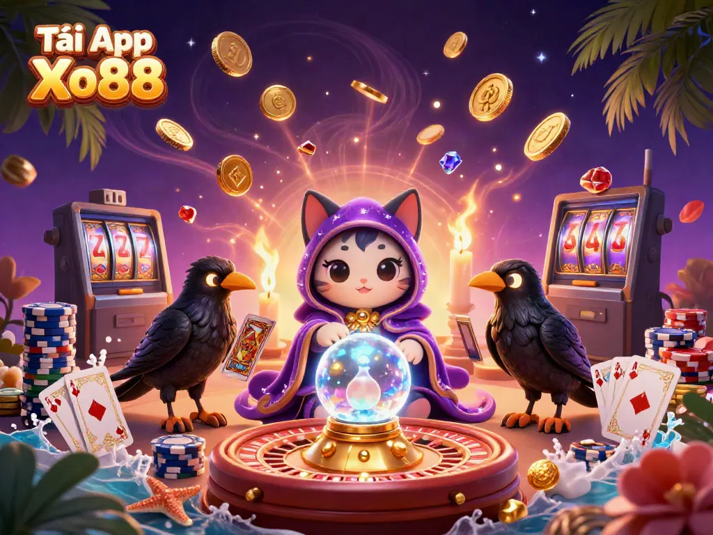 Engaging illustration of Tải App Xo88 with mystical characters and vibrant casino elements, capturing the spirit of gaming.
