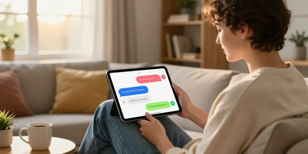 Engaging spicy AI chat scene with a user on a tablet in a cozy living room.