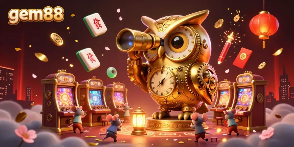 Experience thrilling gameplay at gem88's dynamic casino by immersing in an illustrated scene filled with whimsical characters and festive symbols.