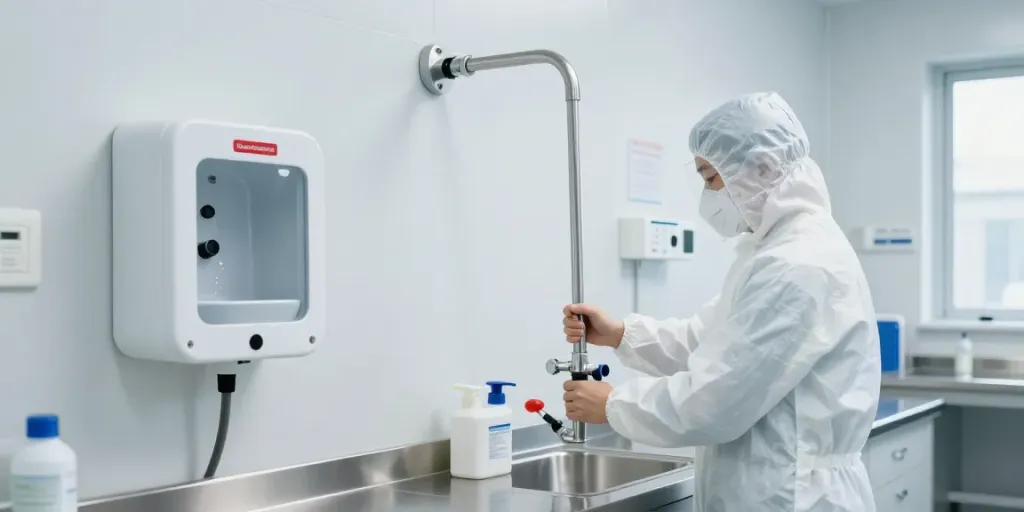 A detailed view of a Körper- und Augennotdusche in a laboratory setting, highlighting safety compliance and emergency readiness.