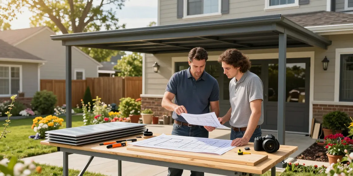 Moderne Carport-Installation mit Handwerker und Hausbesitzer im Garten.