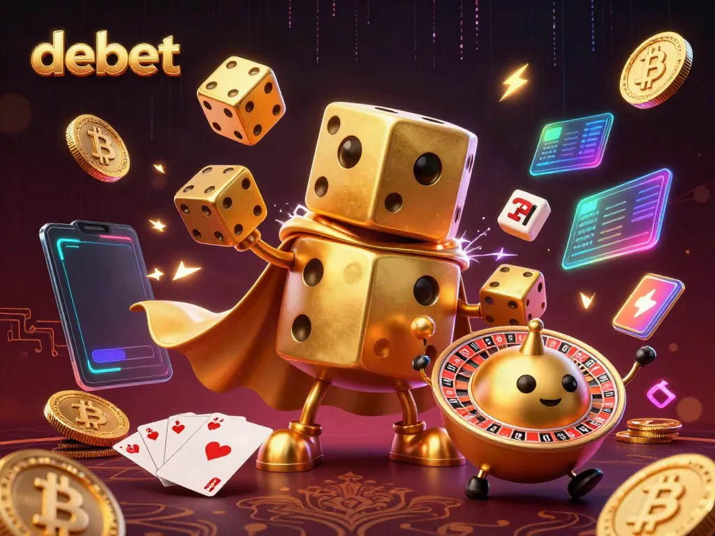 Engage in gaming excitement with debet's vibrant 3D illustration showcasing a dice golem and crypto elements.