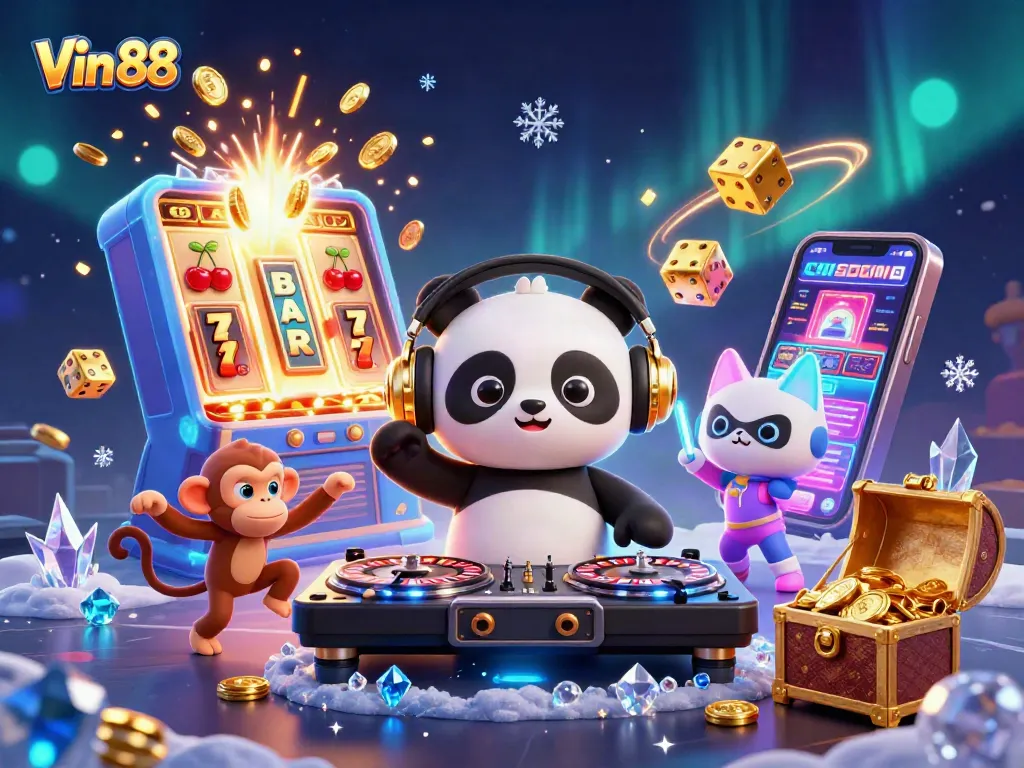 Engage with Vin 88 as a DJ panda spins casino wheels amidst an explosion of jackpots and confetti.