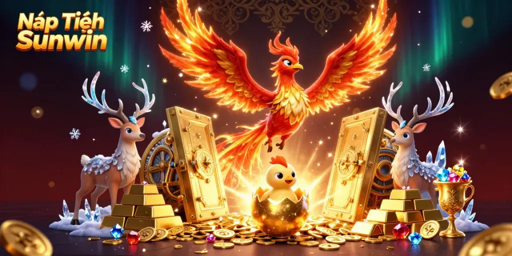 Experience exciting gaming at Nạp Tiền Sunwin with a vibrant phoenix scene, showcasing treasures and lively gameplay.