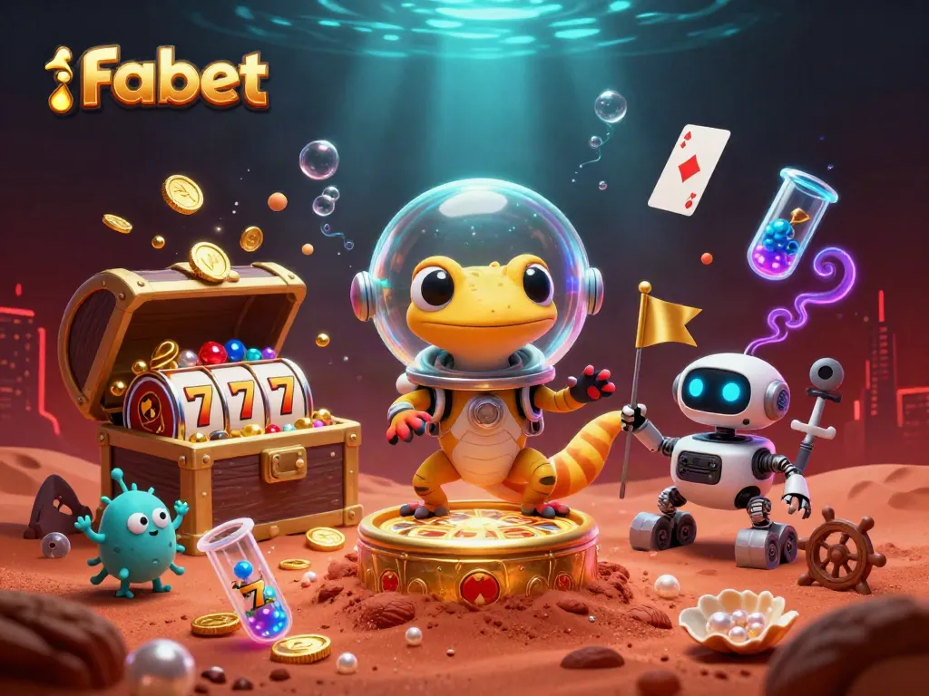 Fabet showcases a Martian gecko winning big at a vibrant casino filled with treasures and excitement.