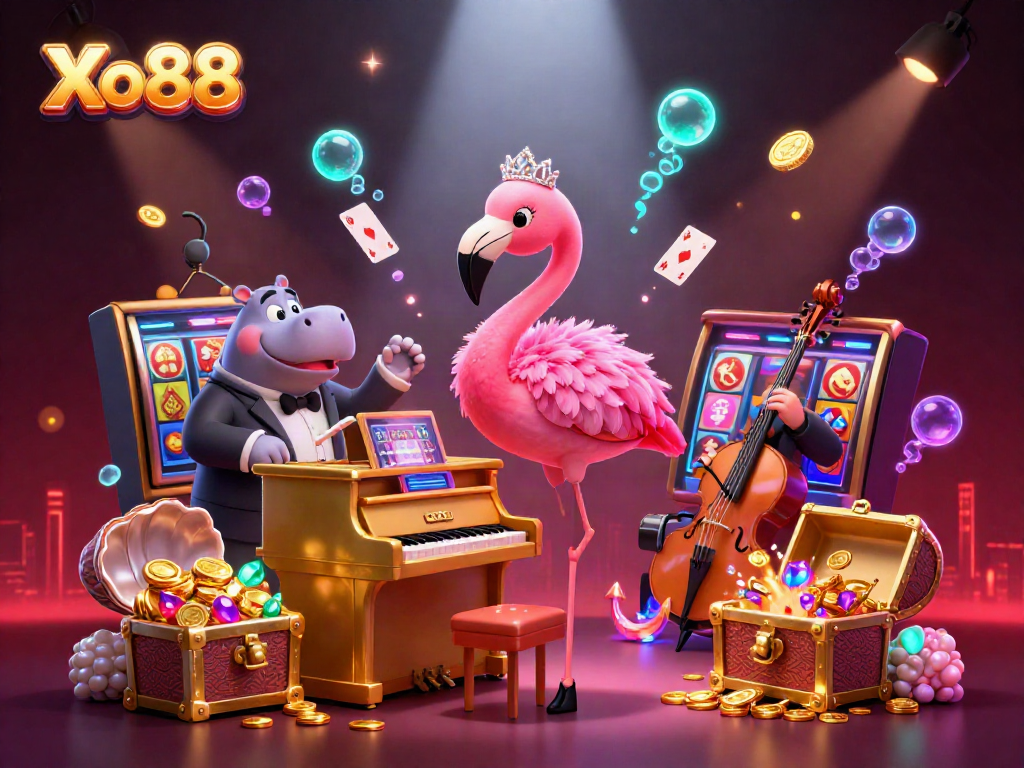 Xo88 showcases an exciting casino scene with a flamingo singer, hippo bassist, and vibrant game elements.