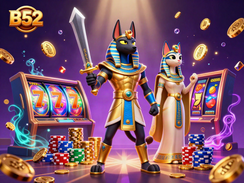 Experience B52 winning strategies in a gaming realm filled with ancient icons and vibrant casino elements.