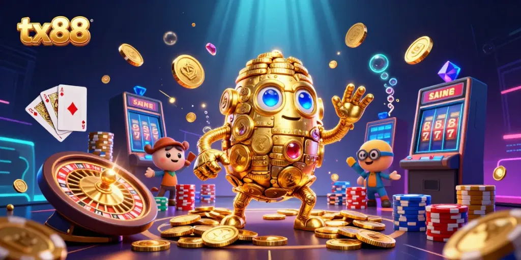 Experience thrilling gameplay with tx88 as golden slots and casino effects fill the scene, inviting players to win big.