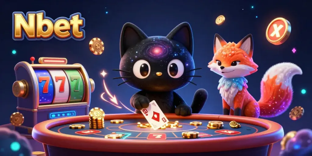 Nbet casino illustration featuring a cosmic black hole cat and gas cloud fox pulling in chips at a vibrant table.
