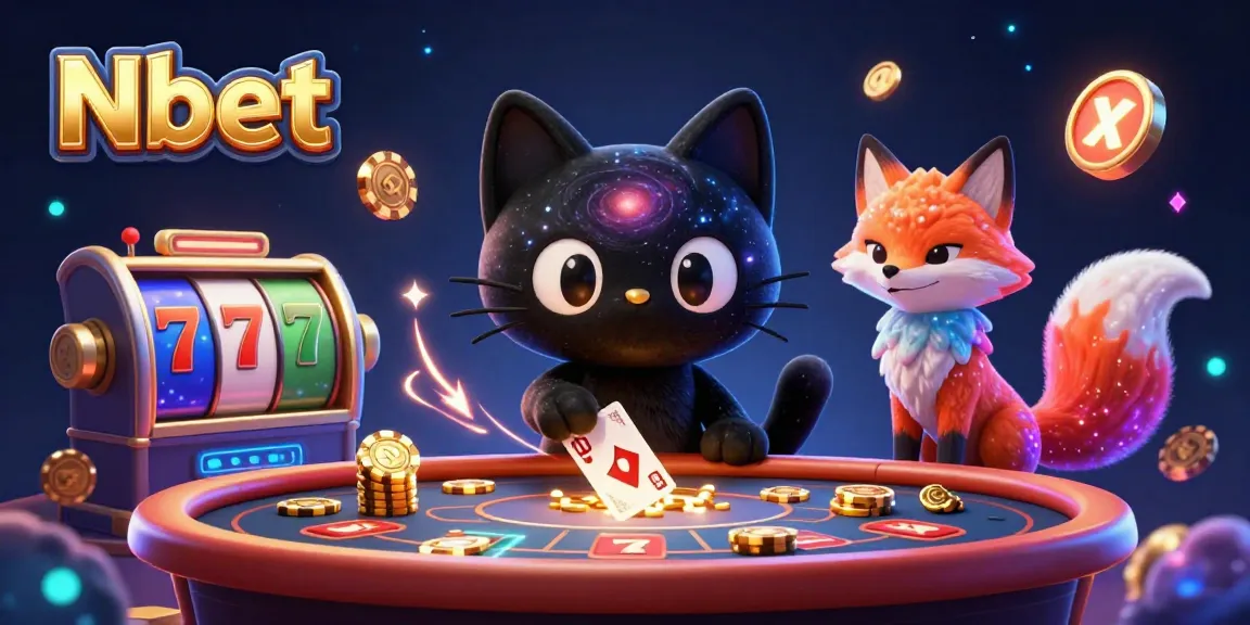 Nbet casino illustration featuring a cosmic black hole cat and gas cloud fox pulling in chips at a vibrant table.