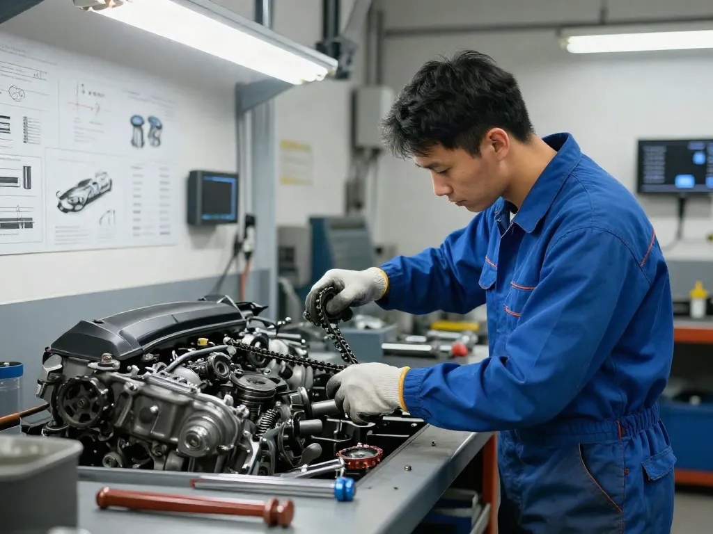 Steuerkette wechseln Hannover in einer Kfz-Werkstatt mit Mechaniker bei der Arbeit.