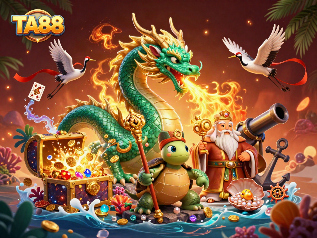 TA88's vibrant 3D illustration showcases a jade dragon amidst casino-inspired elements, engaging players with thrilling action.