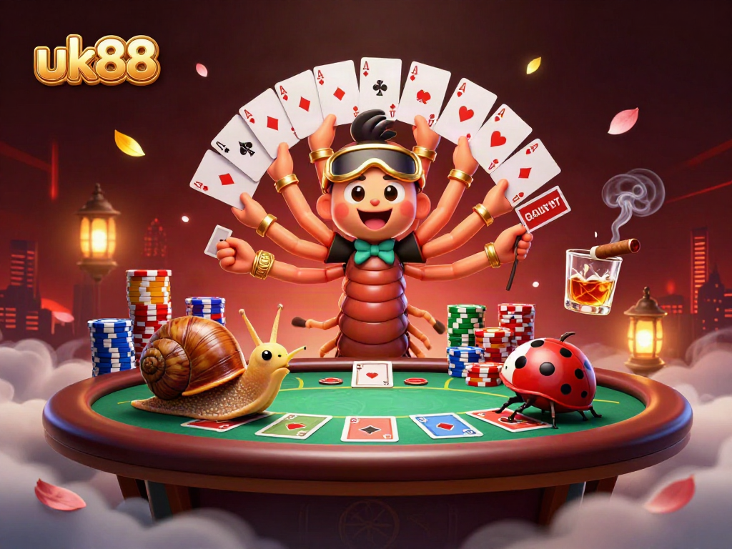 Experience the excitement at uk88 with a lively 3D casino scene featuring a playful millipede dealer and thrilling poker action.