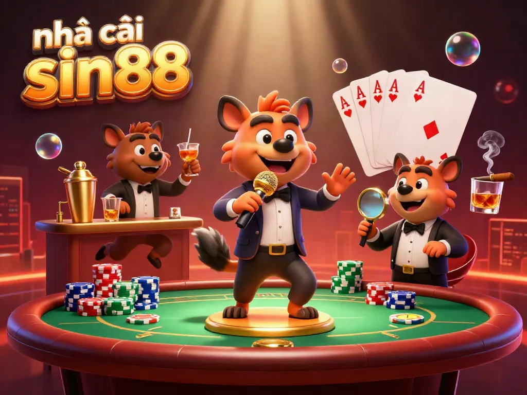 nhà cái sin88 features a vibrant casino scene with hyena characters in comedic roles, showcasing poker elements and a lively atmosphere.
