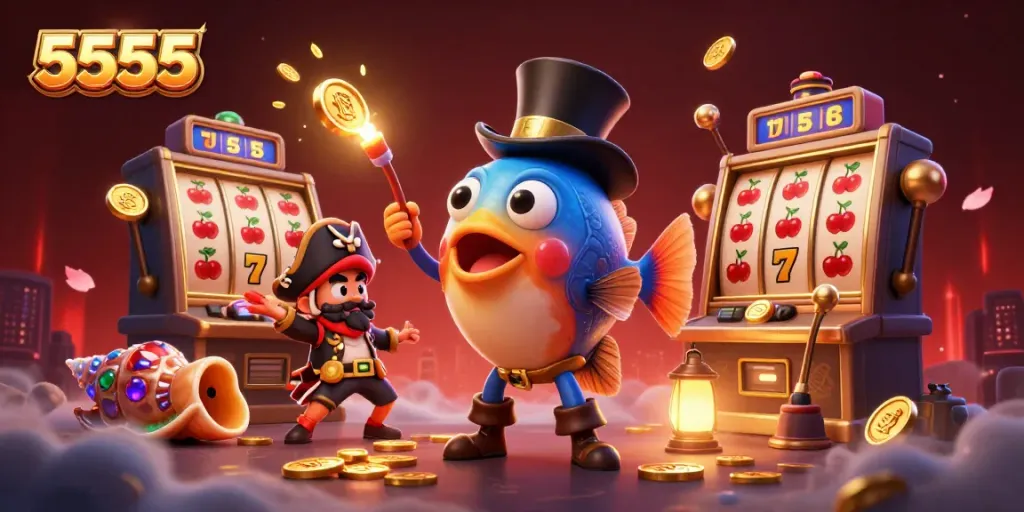 Experience the thrill of winning at 5555 casino with vibrant characters and exciting slot reels.