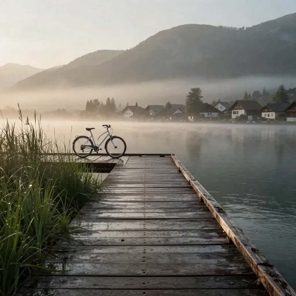 Nasser Holzsteg am Forggensee im Morgennebel, ein weißes Fahrrad, ferne Alpen und Dorfdächer.