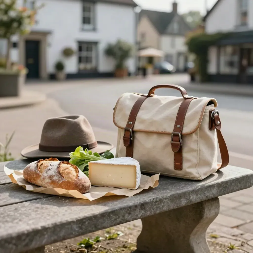 Brot, Gemüse, Almkäse, Wanderhut und Tasche auf einer Steinbank im Dorfmorgen.