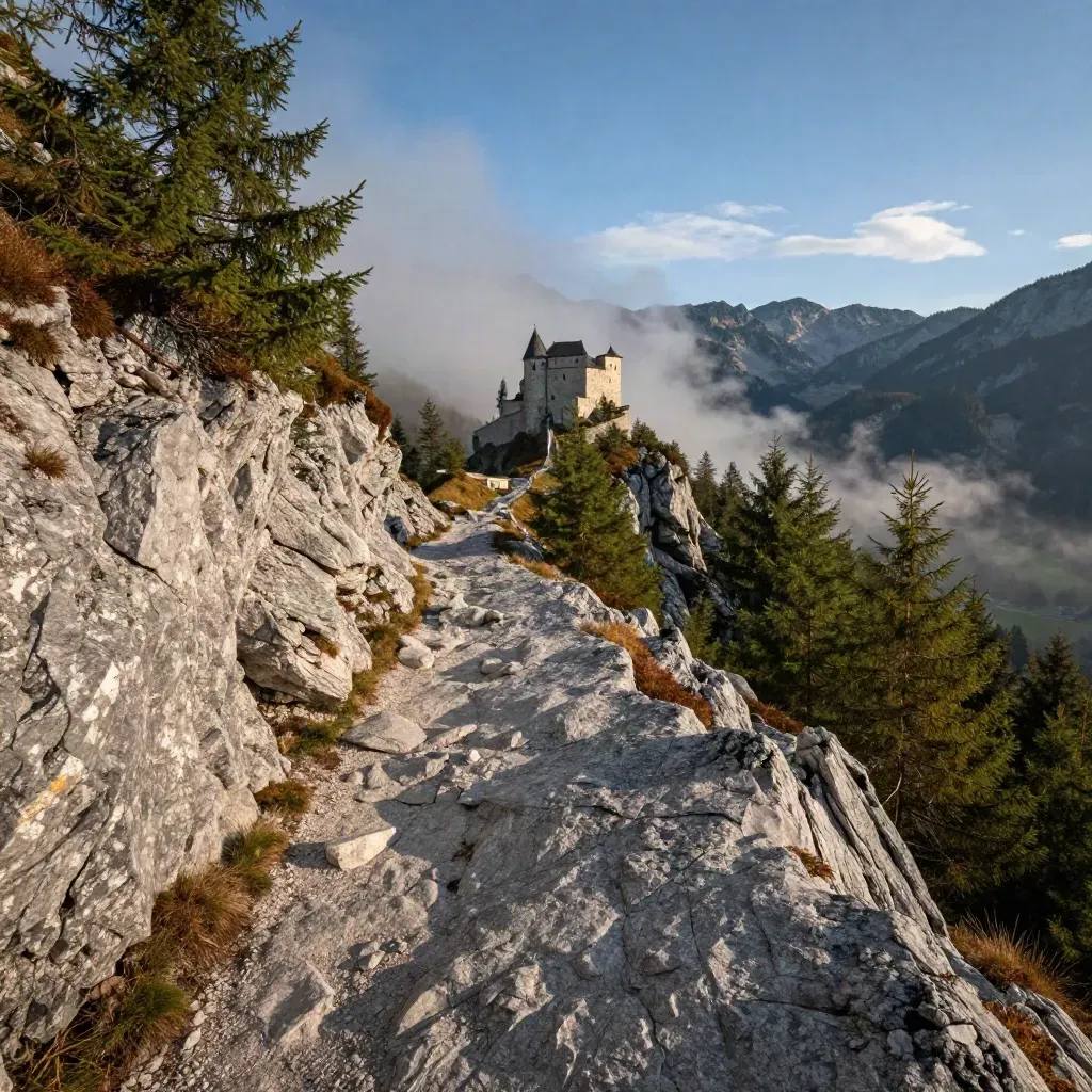 Schmaler Panoramaweg über Füssen mit Talblick und Schlossdach im Abendlicht.