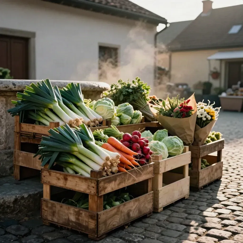 Wochenmarkt im Dorfkern mit Gemüsekisten, Blumen und Brunnenrand im Nachmittagslicht