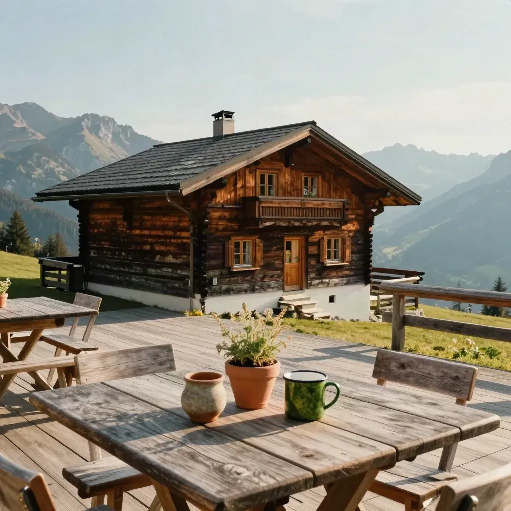 Berghütte mit Terrasse, Tassen und Talblick, von unten gegen den Himmel fotografiert.