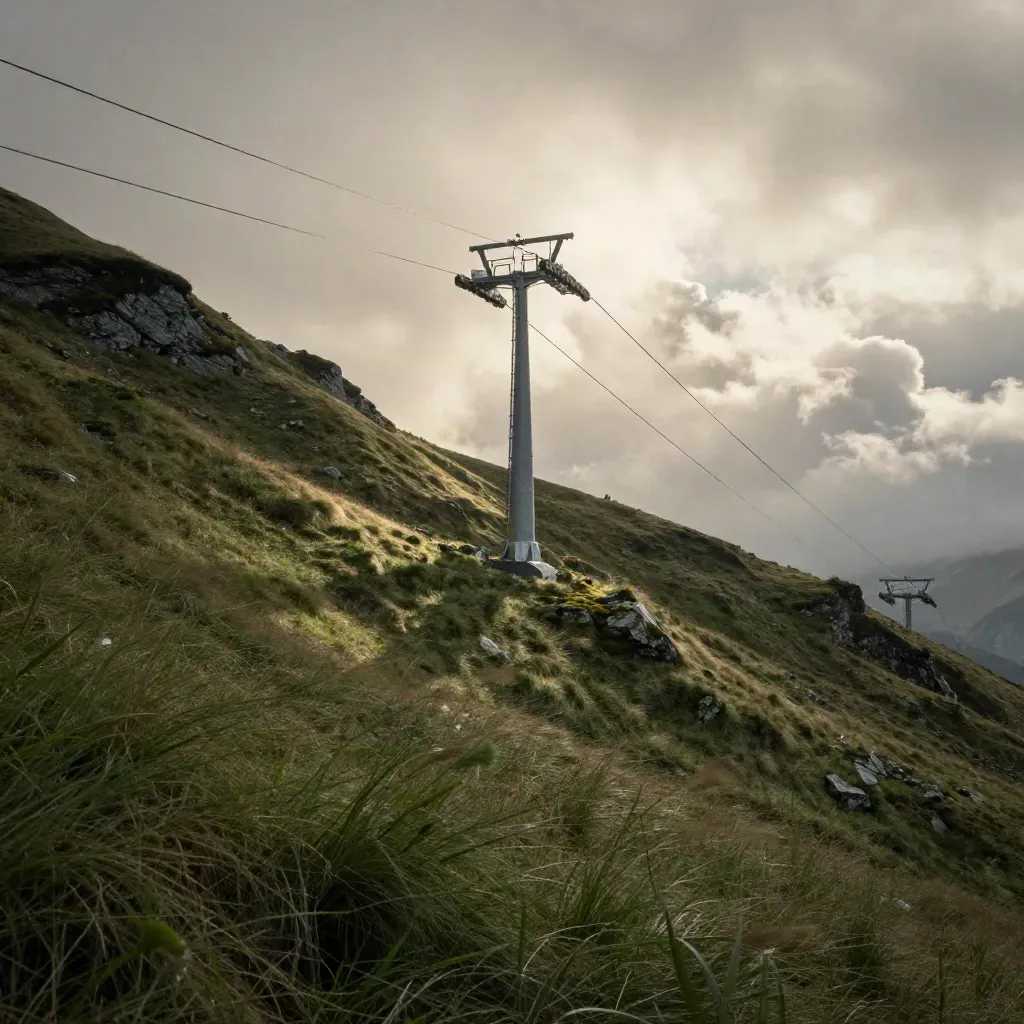 Talrand bei Oberstdorf mit Bergbahnstütze, Wiese und aufreißender Wolkendecke