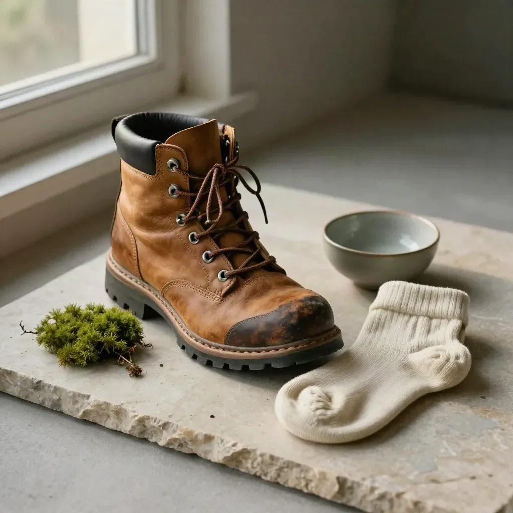 Abgenutzter Wanderschuh mit Wollsocke, Mooszweig und Keramikschale auf hellem Stein.