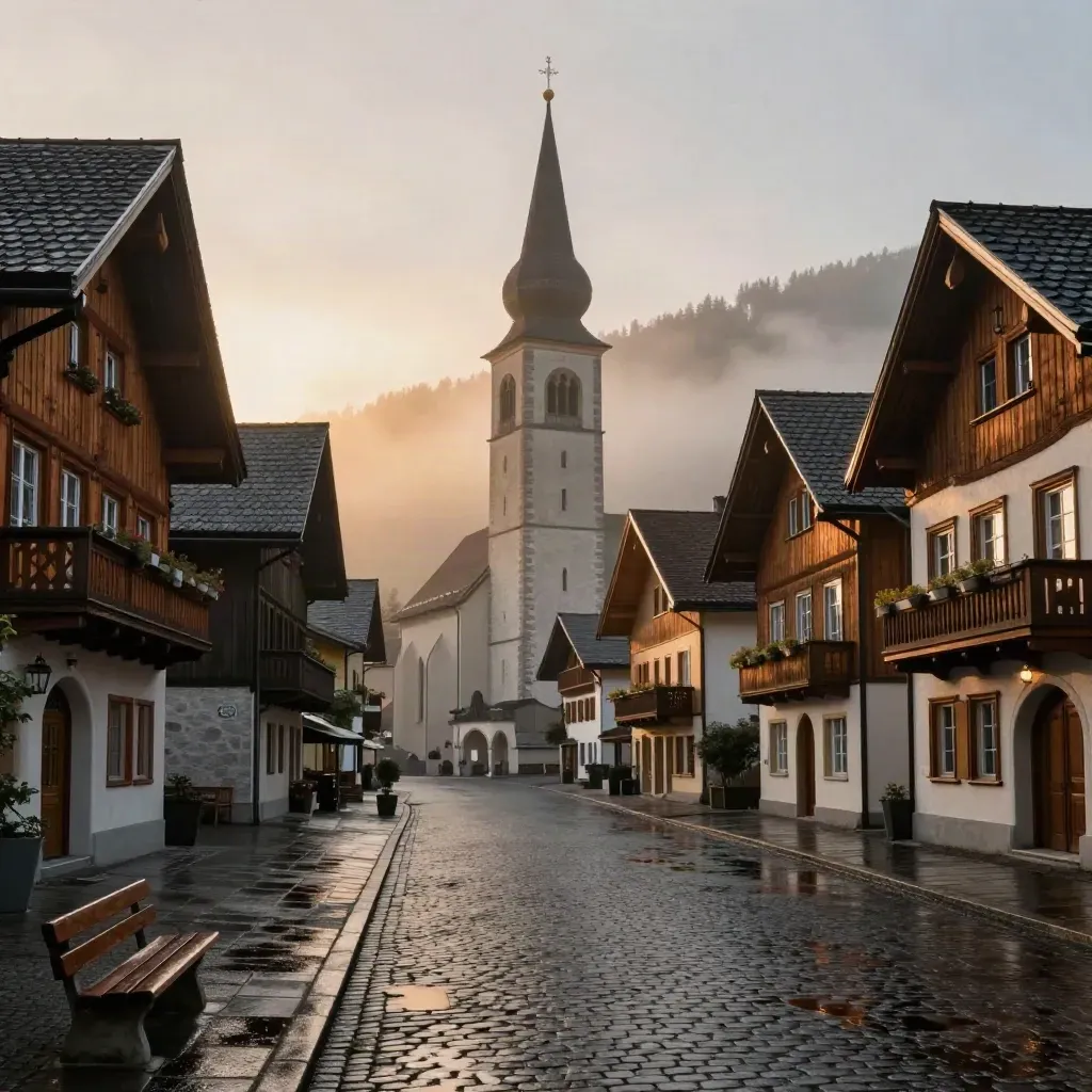 Nasses Dorfzentrum mit Kirchturm, Giebelhäusern und Pfützen im Abendlicht.