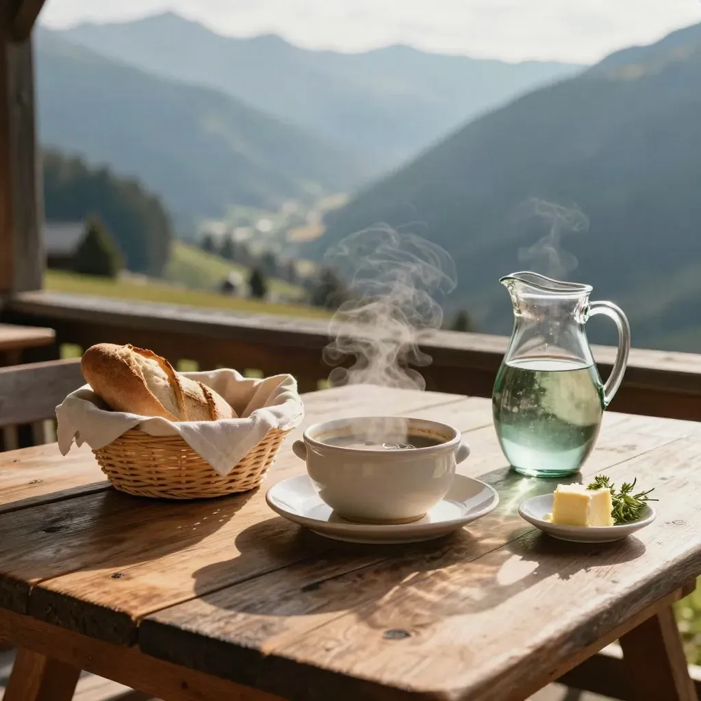 Brotkorb, Suppenschale und Wasserkrug auf der Wirtshaus-Terrasse mit weitem Blick ins Tal