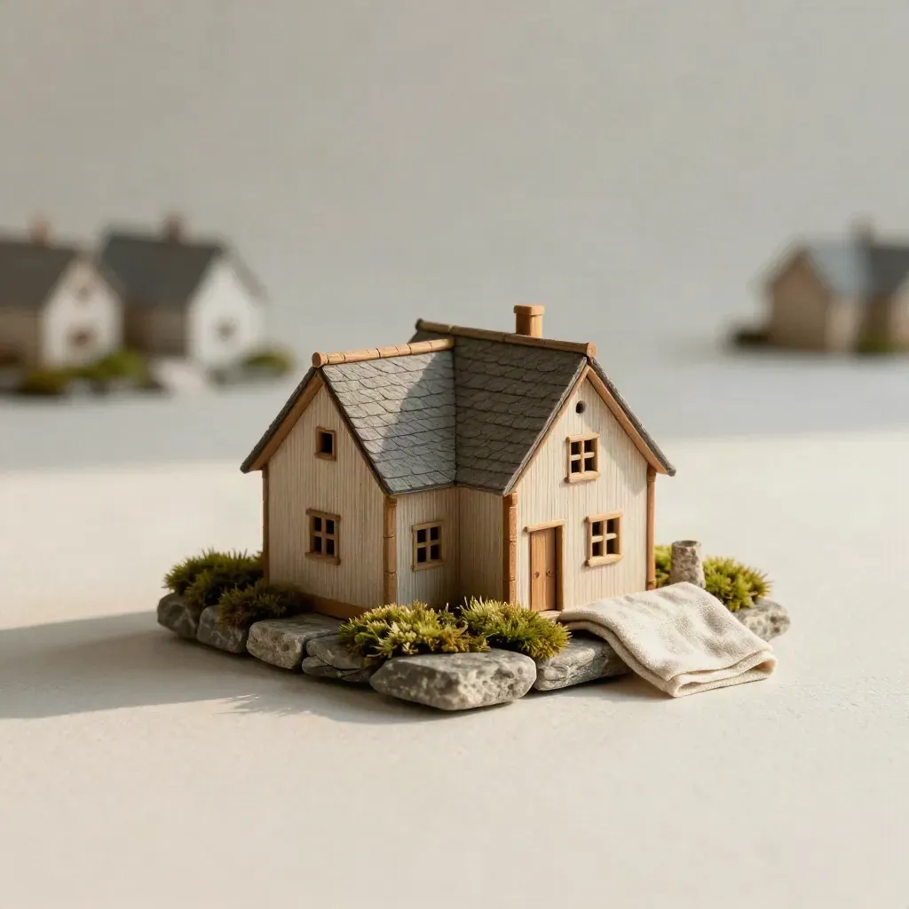Mini-Holzhaus mit Kalkstein und Moos auf heller Putzfläche, schräg von unten.