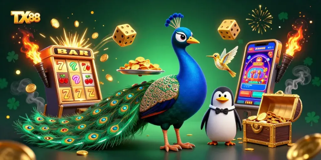 Experience the excitement of TX 88 with a vibrant illustration of a peacock and characters in a casino scene.