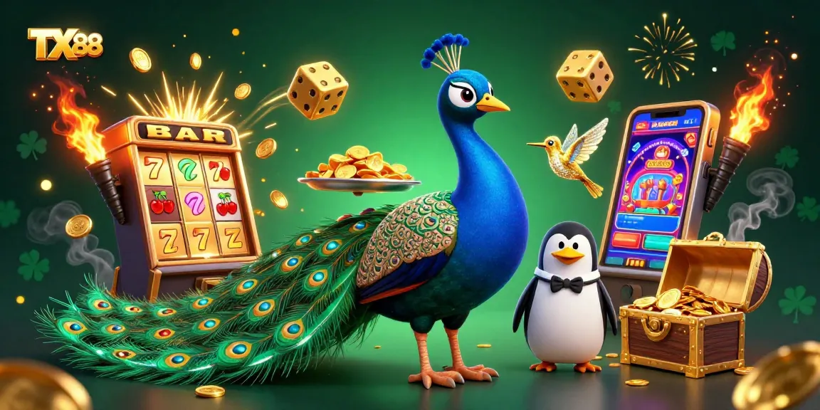 Experience the excitement of TX 88 with a vibrant illustration of a peacock and characters in a casino scene.