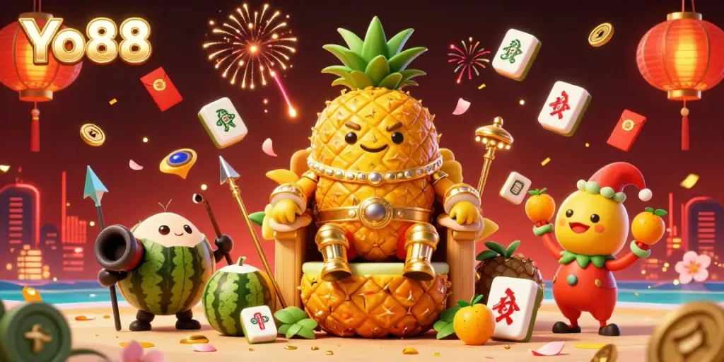 Experience the vibrant world of Yo88 with a golden pineapple king and casino-themed characters amidst dynamic game elements.
