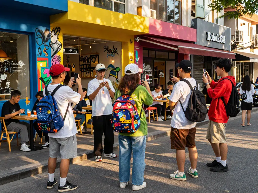 Young adults enjoying street fashion with rokok88 designs at an urban shopping district.