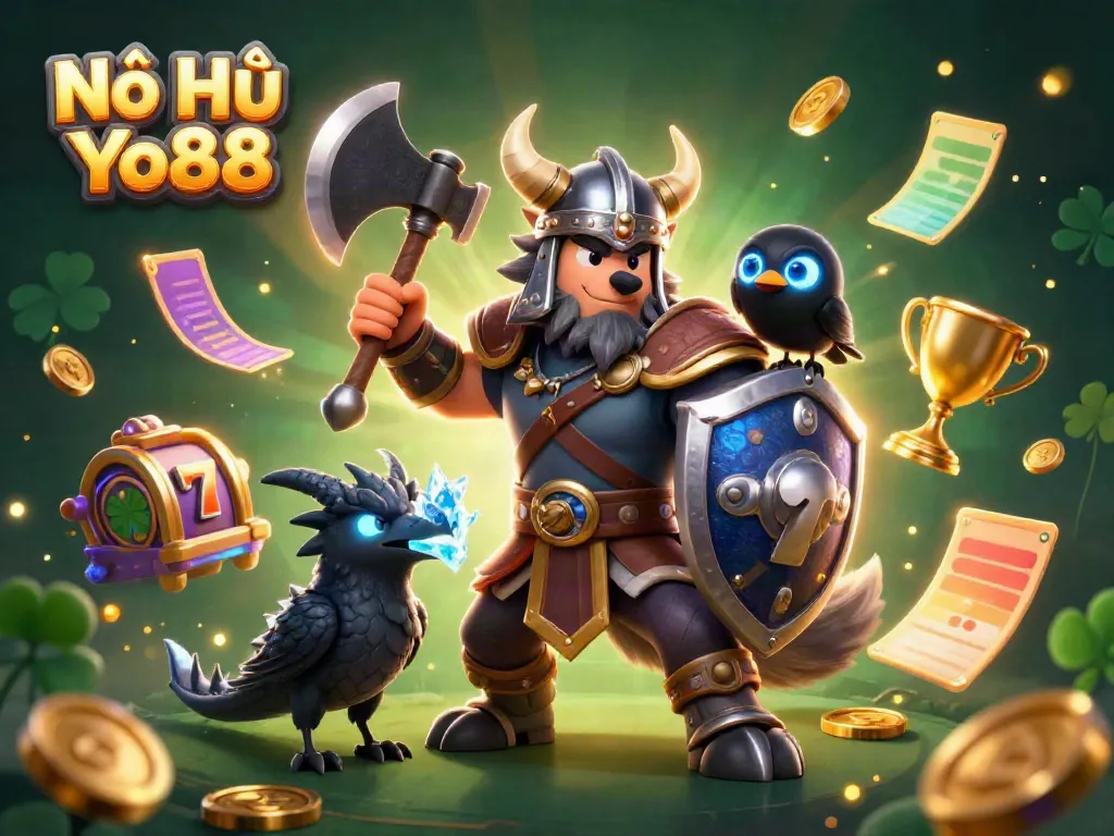Experience thrilling Nổ Hũ Yo88 gameplay with a Viking warrior, icy dragon, and rich casino elements