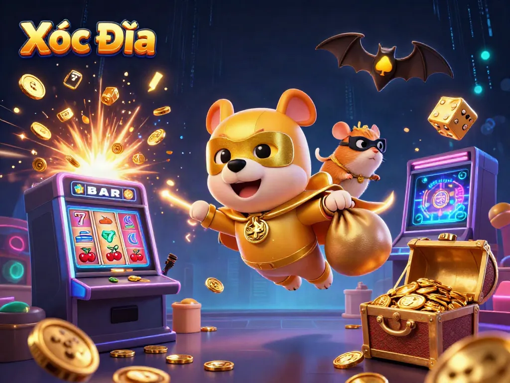 Experience thrilling Xóc Đĩa action with a vibrant casino-themed scene featuring animated characters and dynamic game elements.