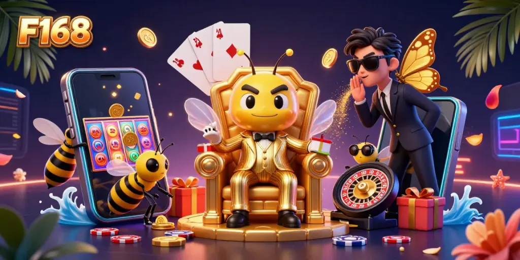 Experience F168's vibrant online gambling scene with a bumblebee mob boss, wasp bodyguards, and a butterfly informant.