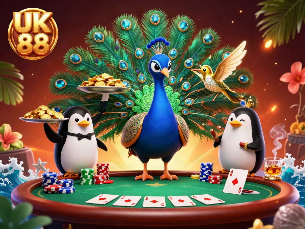 Play poker with UK 88's vibrant characters at an immersive casino scene filled with energy and excitement.