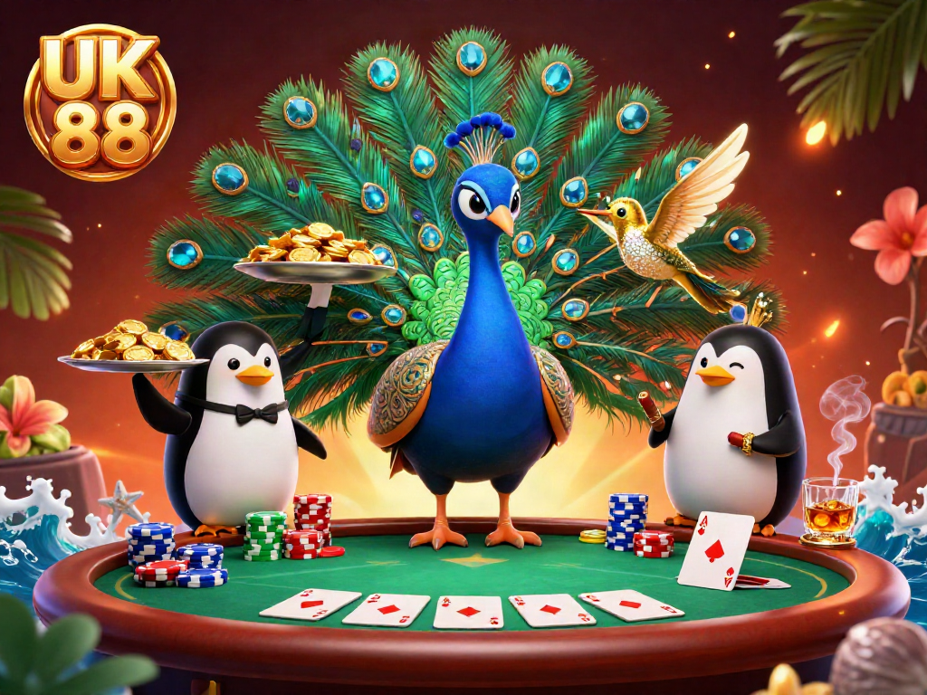 Play poker with UK 88's vibrant characters at an immersive casino scene filled with energy and excitement.