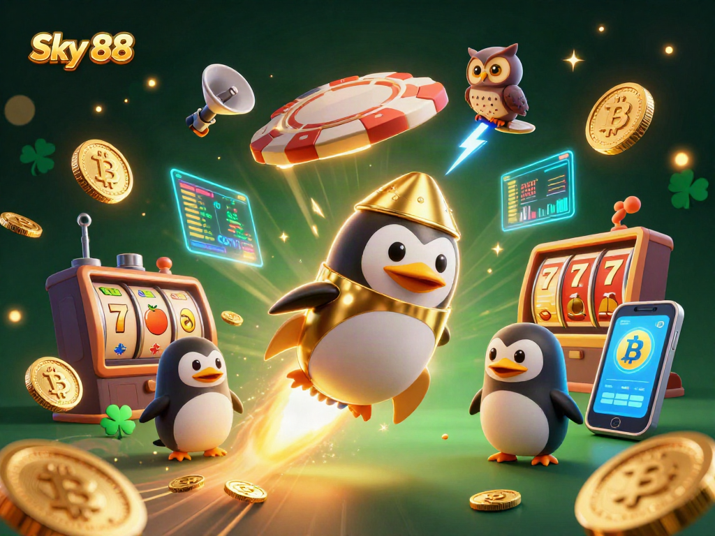 Experience dynamic gaming with Sky 88 as a golden penguin aims for a monumental casino jackpot.
