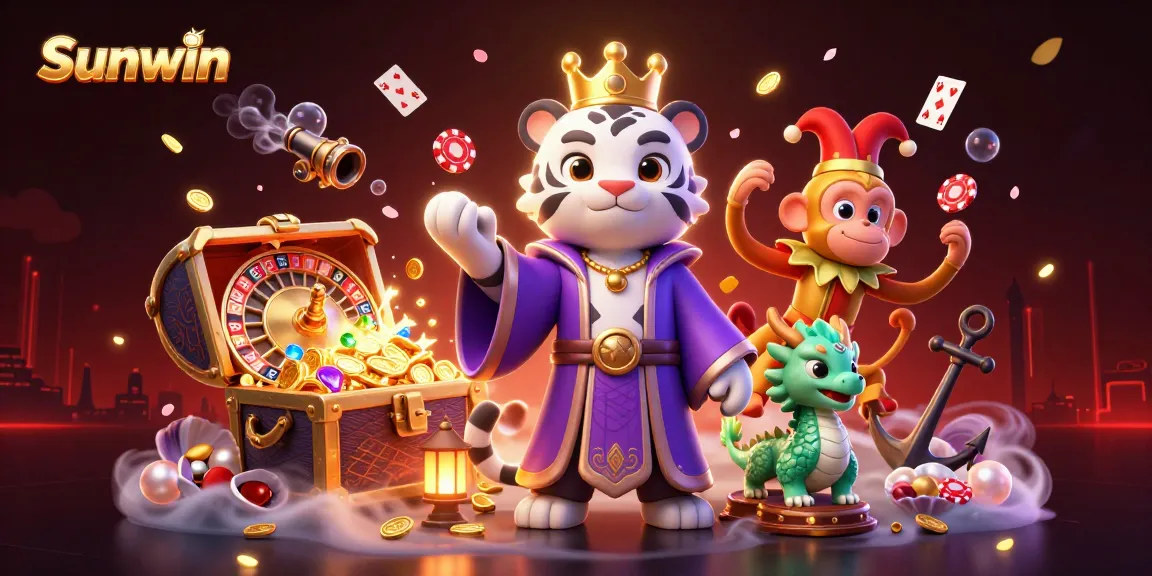 Experience thrilling gameplay with Sunwin, featuring games, colorful poker chips, and vibrant casino elements.