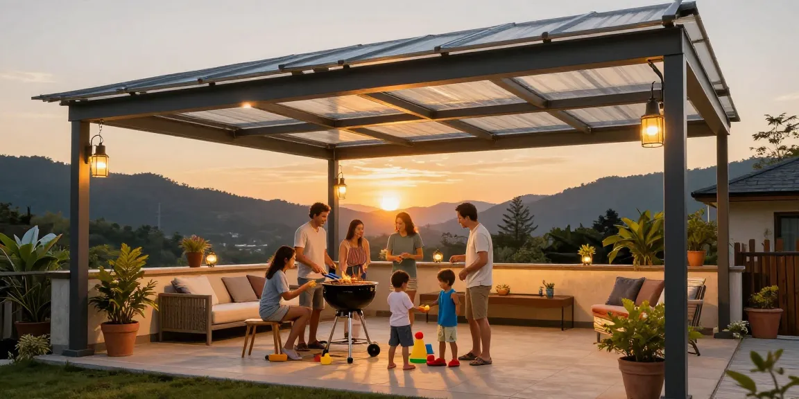 Moderne Terrassenüberdachung mit Familie beim Grillen und warmen Lichtern.