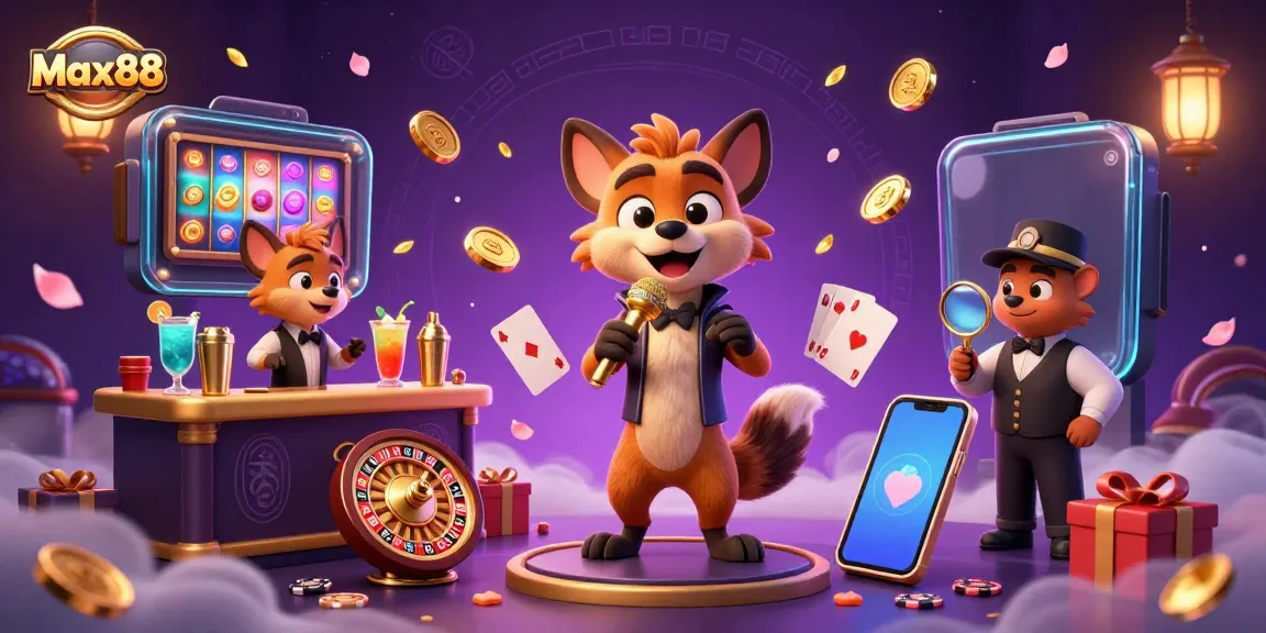Experience Max88's vibrant comedy casino club with hyenas serving drinks and entertainment.