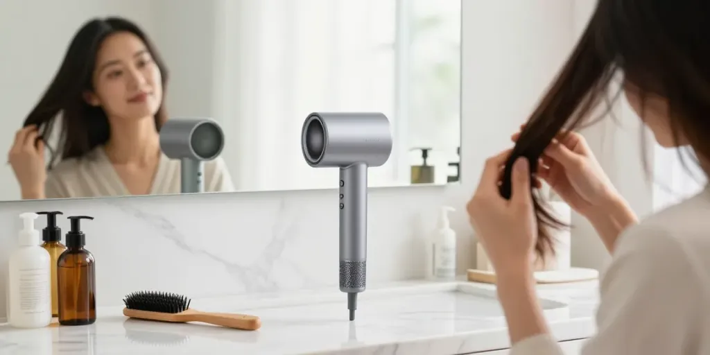Haartrockner Testsieger Stiftung Warentest im eleganten Badezimmer während der Anwendung für perfektes Styling.