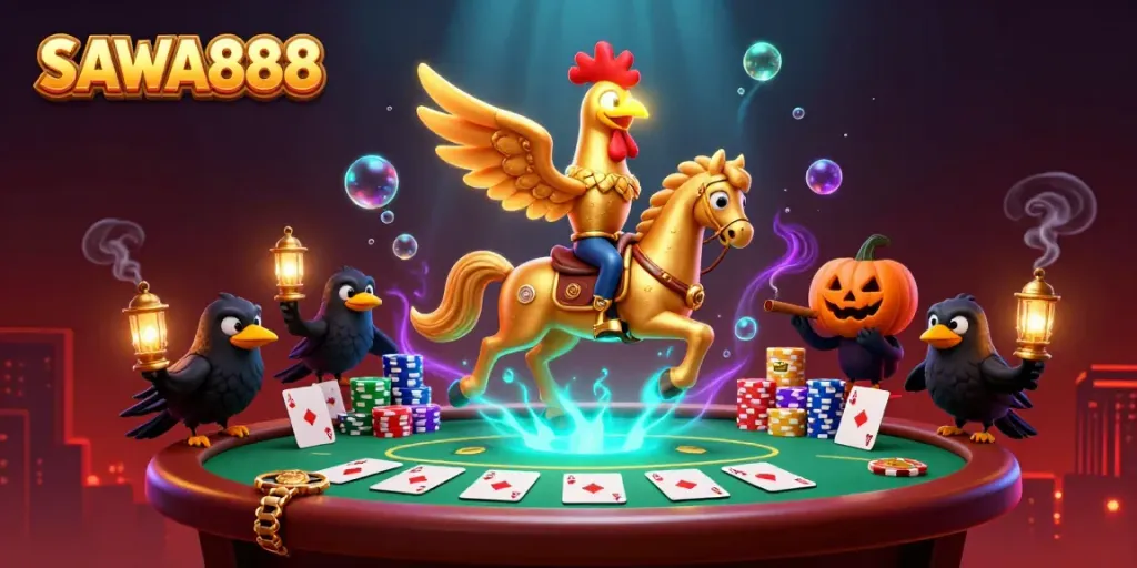 Experience the vibrant thrills of SAWA888 with a golden rooster headless horseman in a dynamic casino scene.