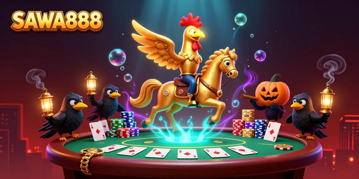 Experience the vibrant thrills of SAWA888 with a golden rooster headless horseman in a dynamic casino scene.