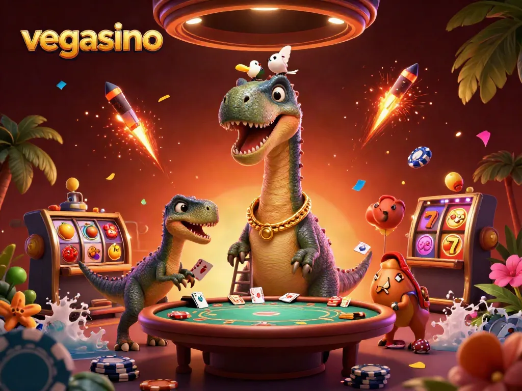 Experience the thrill of vegasino with a whimsical brontosaurus and raptor gambling scene.