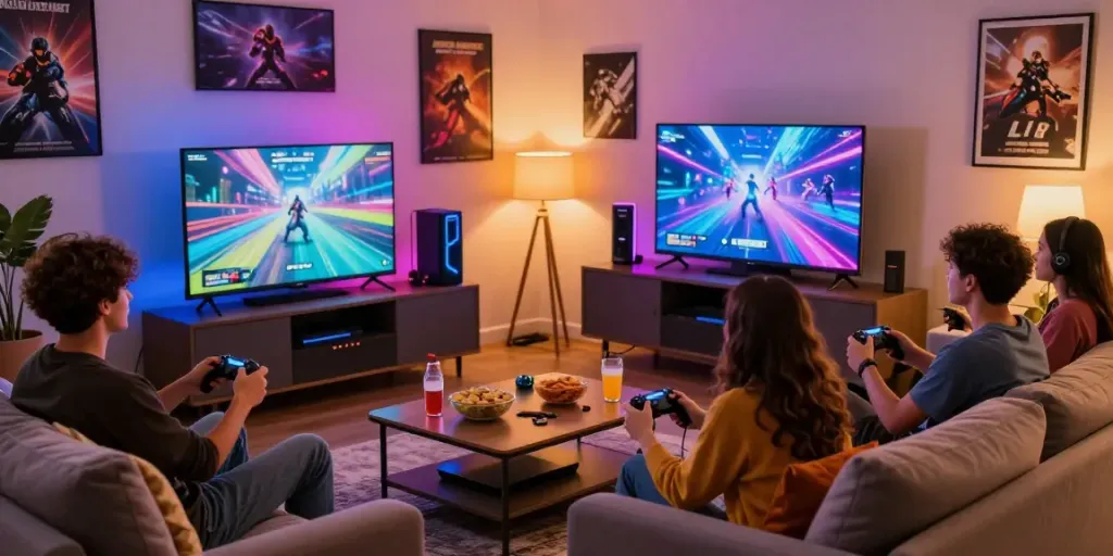 Experience the excitement of gaming with friends in a cozy living room featuring rokok88 memorabilia.